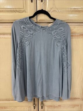 Altar'd State Dusty Blue Lace Yoke Long-Sleeve Top